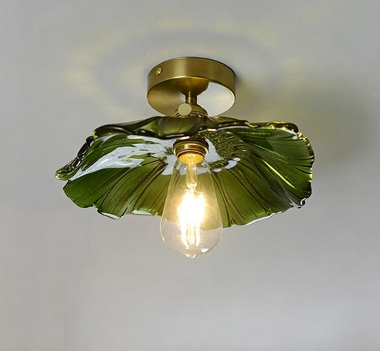Retro brass glass lamp with green lotus leaf ceiling light